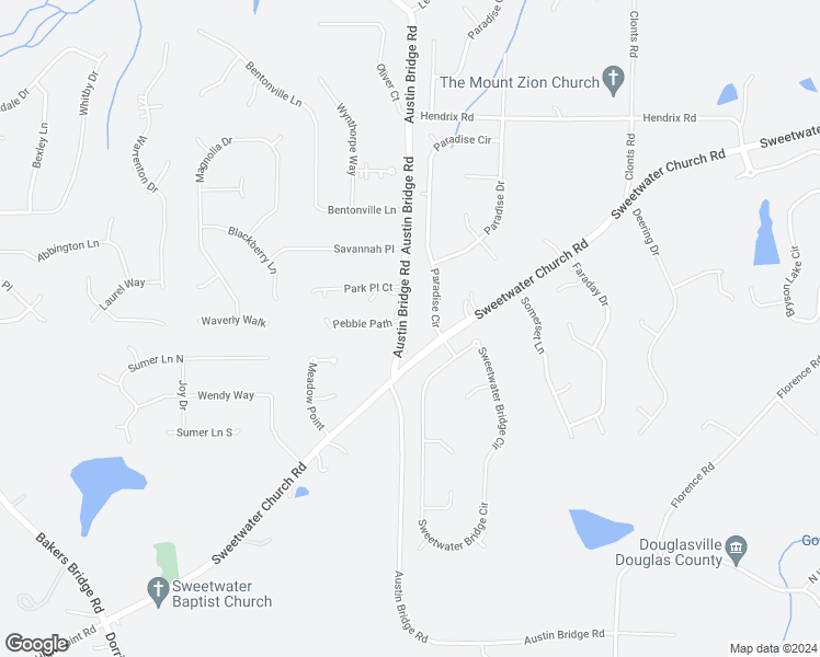 map of restaurants, bars, coffee shops, grocery stores, and more near 2959 Austin Bridge Road in Douglasville