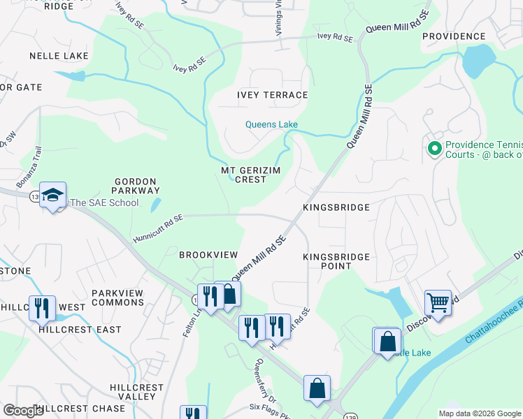 map of restaurants, bars, coffee shops, grocery stores, and more near 495 Hunnicutt Road Southeast in Mableton
