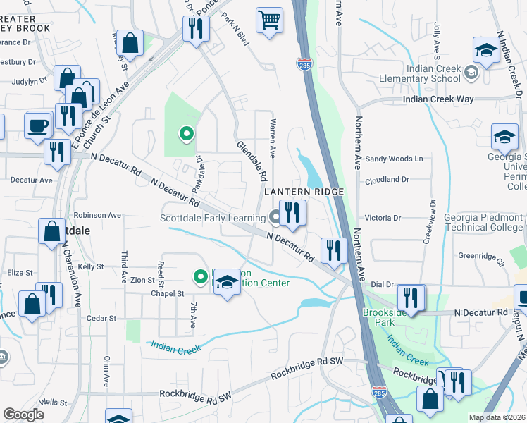 map of restaurants, bars, coffee shops, grocery stores, and more near 495 Glendale Road in Scottdale