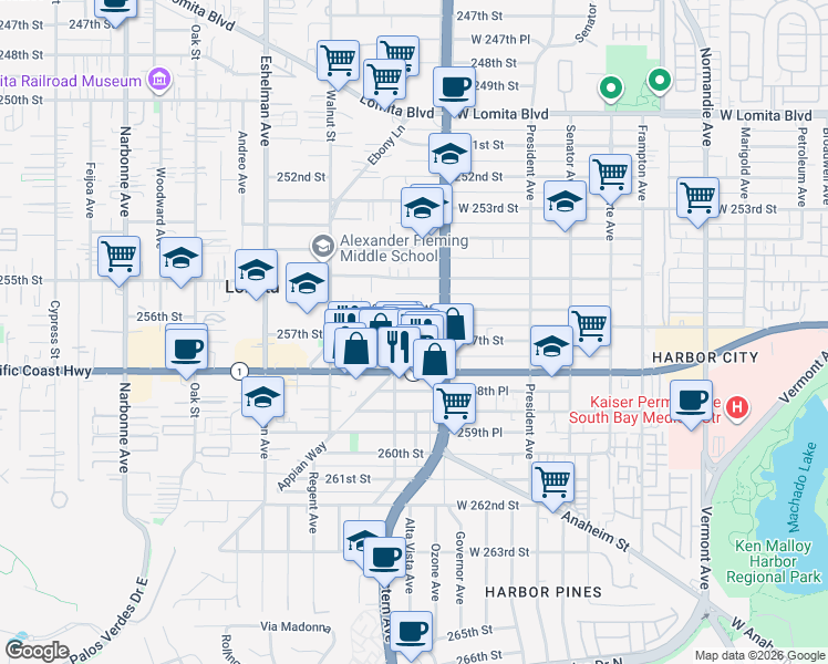 map of restaurants, bars, coffee shops, grocery stores, and more near 1735 257th Street in Lomita
