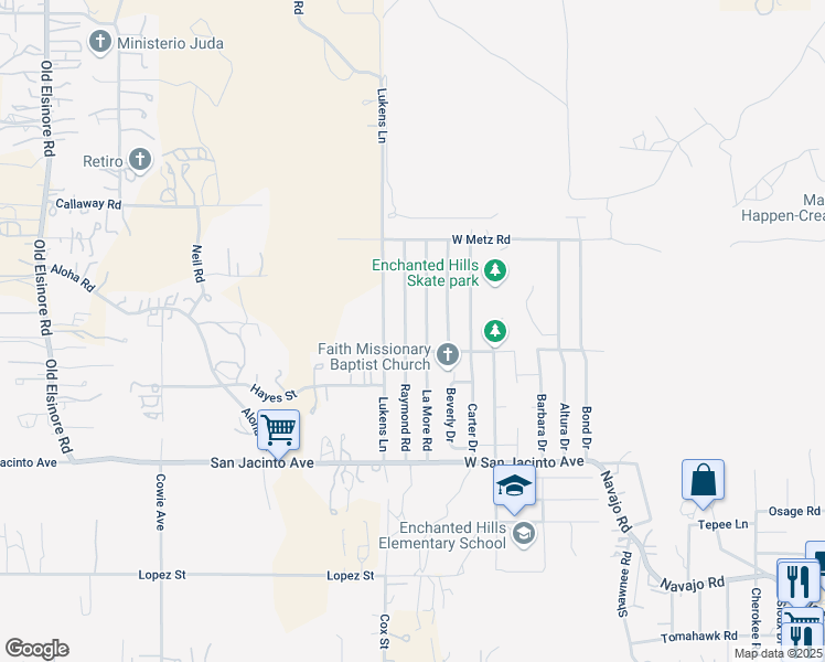 map of restaurants, bars, coffee shops, grocery stores, and more near 22722 La More Road in Perris