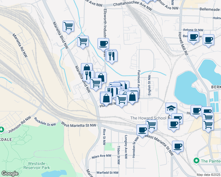 map of restaurants, bars, coffee shops, grocery stores, and more near 1339 Ellsworth Industrial Boulevard Northwest in Atlanta