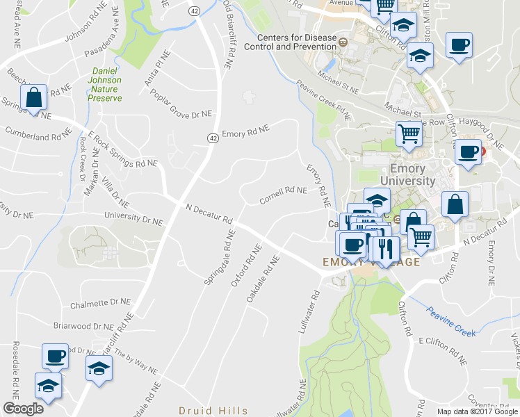 map of restaurants, bars, coffee shops, grocery stores, and more near 1377 Cornell Road Northeast in Atlanta