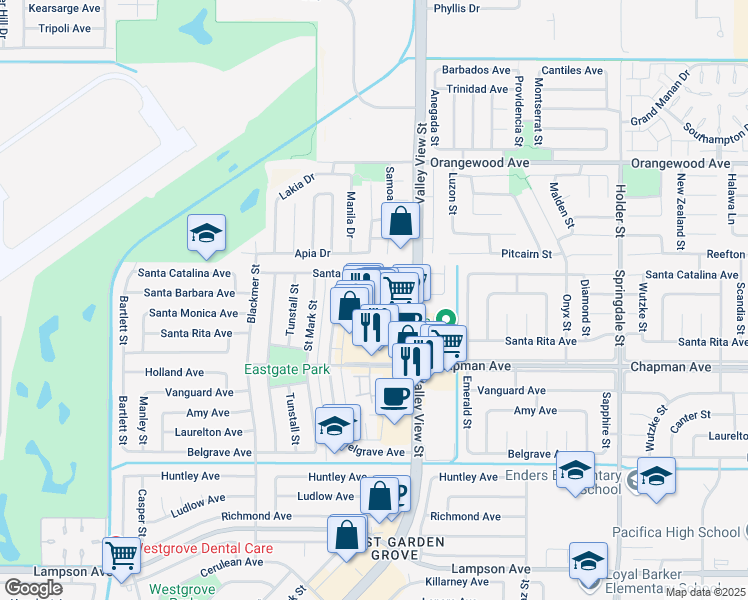map of restaurants, bars, coffee shops, grocery stores, and more near 5882 Santa Barbara Avenue in Garden Grove