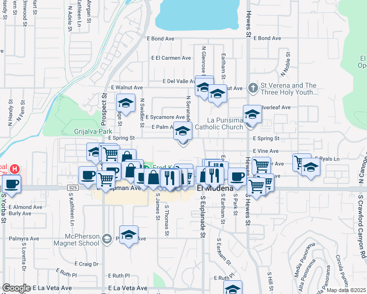 map of restaurants, bars, coffee shops, grocery stores, and more near 3920 East Spring Street in Orange