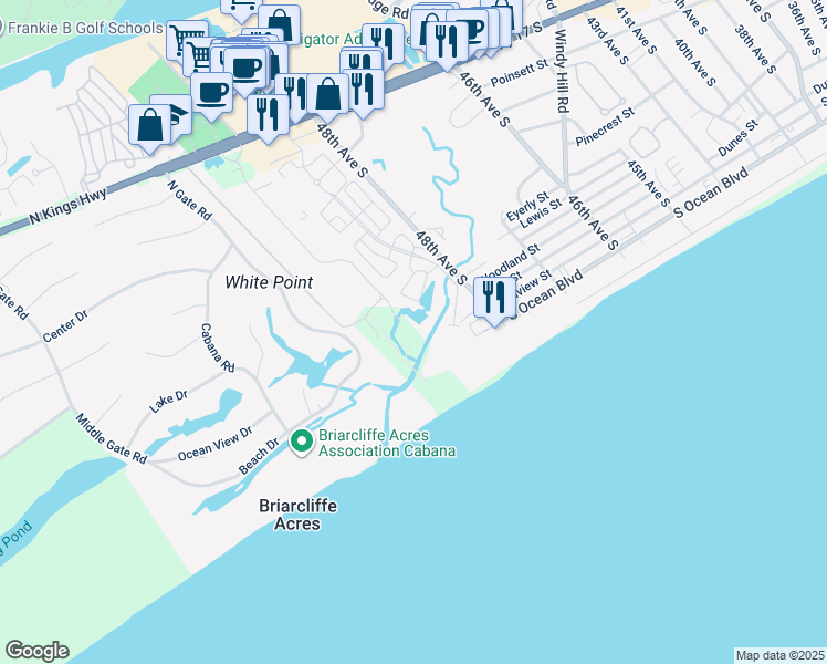 map of restaurants, bars, coffee shops, grocery stores, and more near 100 Ocean Creek Drive in Myrtle Beach
