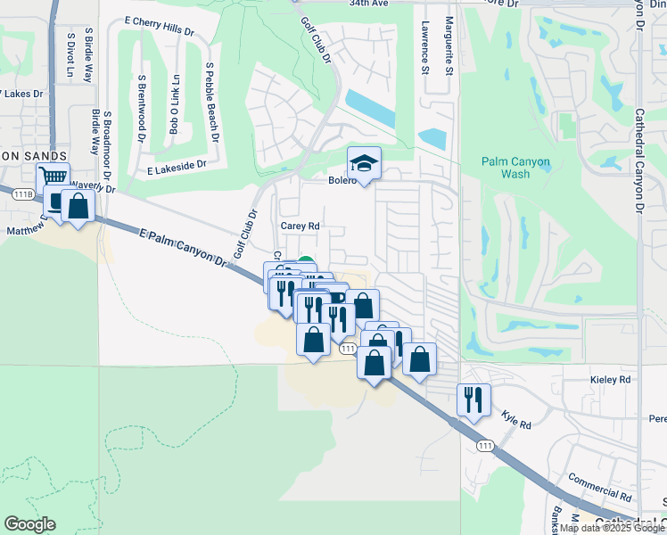 map of restaurants, bars, coffee shops, grocery stores, and more near 67691 Chelsea Road in Cathedral City
