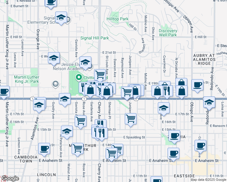 map of restaurants, bars, coffee shops, grocery stores, and more near 1845 Dawson Avenue in Signal Hill
