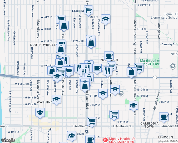 map of restaurants, bars, coffee shops, grocery stores, and more near 319 East Dayman Street in Long Beach