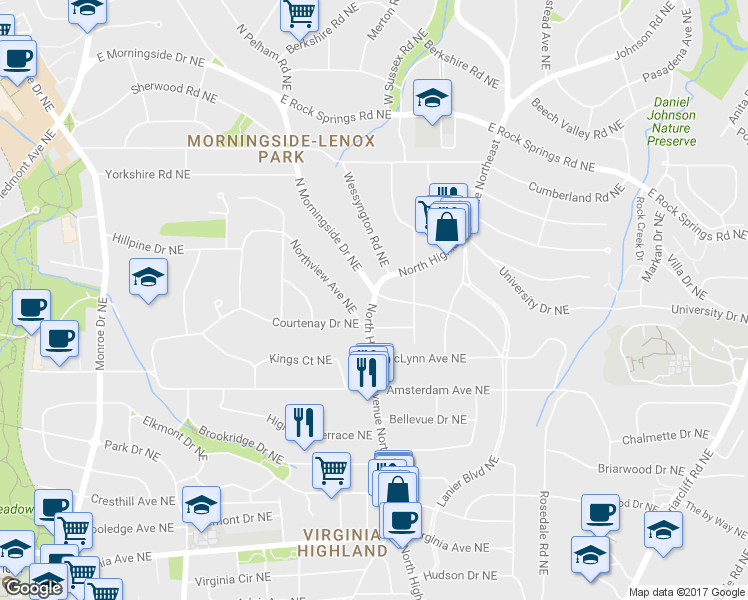 map of restaurants, bars, coffee shops, grocery stores, and more near 1315 North Highland Avenue Northeast in Atlanta