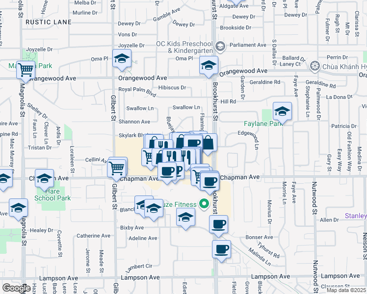 map of restaurants, bars, coffee shops, grocery stores, and more near 9841 Cockatoo Lane in Garden Grove