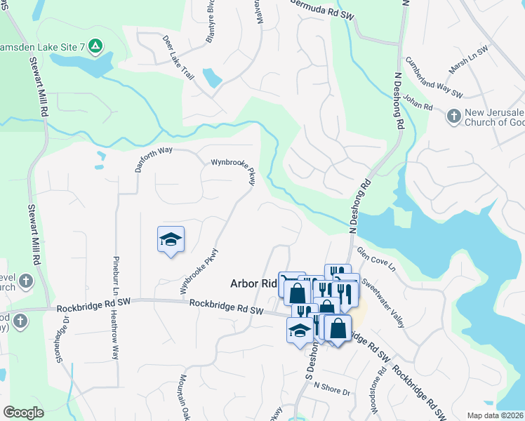 map of restaurants, bars, coffee shops, grocery stores, and more near 589 Arbor Ridge Drive in Stone Mountain