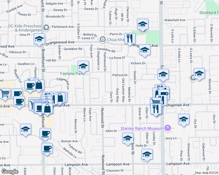 map of restaurants, bars, coffee shops, grocery stores, and more near 11852 Palmwood Drive in Garden Grove