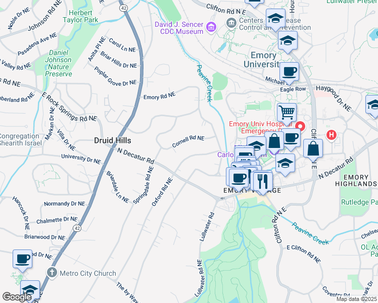 map of restaurants, bars, coffee shops, grocery stores, and more near 1278 Oxford Road Northeast in Atlanta