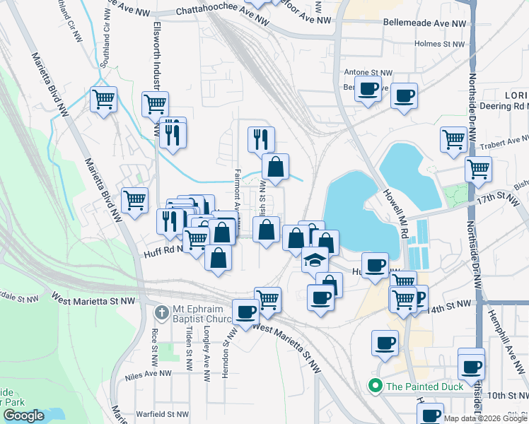 map of restaurants, bars, coffee shops, grocery stores, and more near 1305 English Street Northwest in Atlanta