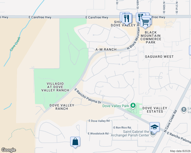 map of restaurants, bars, coffee shops, grocery stores, and more near 4461 East Coyote Wash Drive in Cave Creek