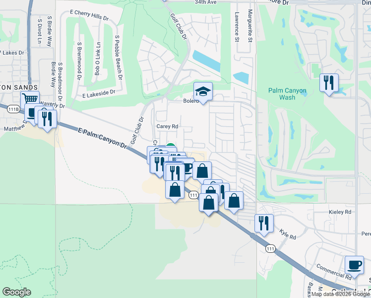 map of restaurants, bars, coffee shops, grocery stores, and more near 67655 Chelsea Road in Cathedral City