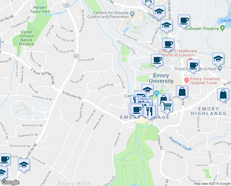map of restaurants, bars, coffee shops, grocery stores, and more near 1290 Oxford Road Northeast in Atlanta