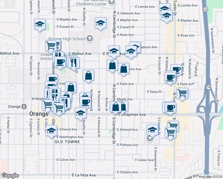 map of restaurants, bars, coffee shops, grocery stores, and more near 232 North Cambridge Street in Orange