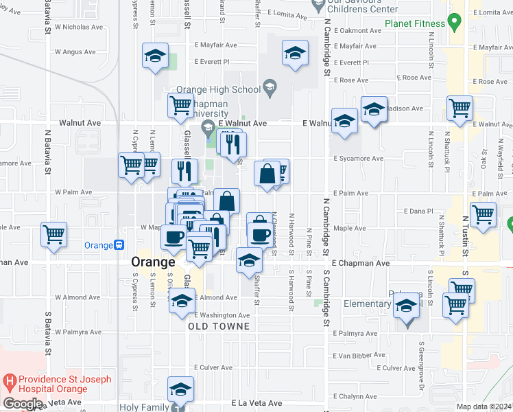 map of restaurants, bars, coffee shops, grocery stores, and more near 240 North Shaffer Street in Orange
