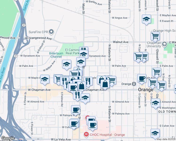 map of restaurants, bars, coffee shops, grocery stores, and more near 236 North Jewell Place in Orange