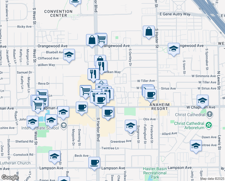 map of restaurants, bars, coffee shops, grocery stores, and more near 2379 South Mira Court in Anaheim