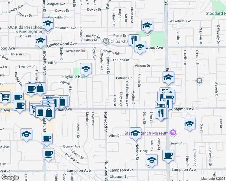 map of restaurants, bars, coffee shops, grocery stores, and more near 11852 Palmwood Drive in Garden Grove
