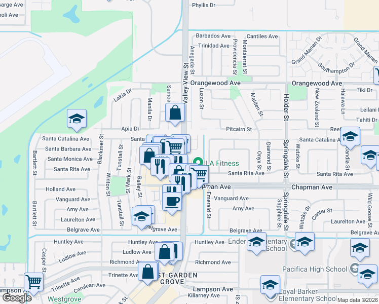 map of restaurants, bars, coffee shops, grocery stores, and more near 11848 Valley View Street in Garden Grove