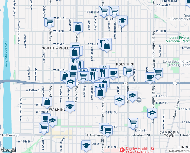 map of restaurants, bars, coffee shops, grocery stores, and more near 1832 Locust Avenue in Long Beach