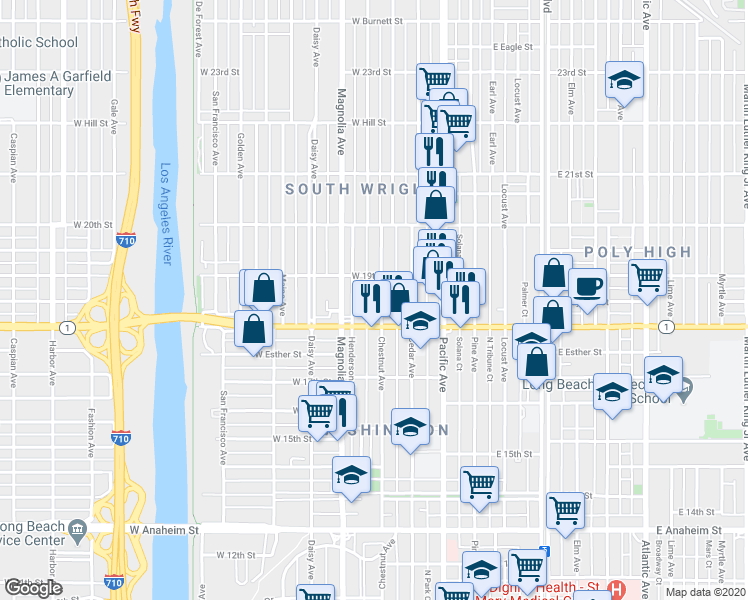map of restaurants, bars, coffee shops, grocery stores, and more near in Long Beach