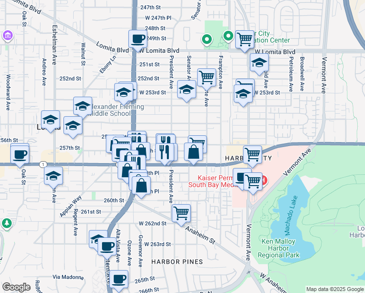 map of restaurants, bars, coffee shops, grocery stores, and more near 1519 257th Street in Los Angeles