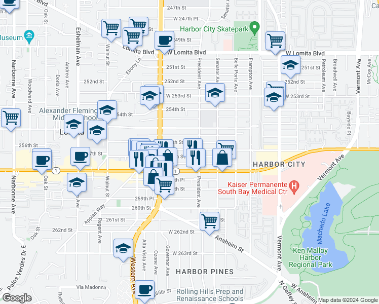 map of restaurants, bars, coffee shops, grocery stores, and more near 1617 257th Street in Los Angeles