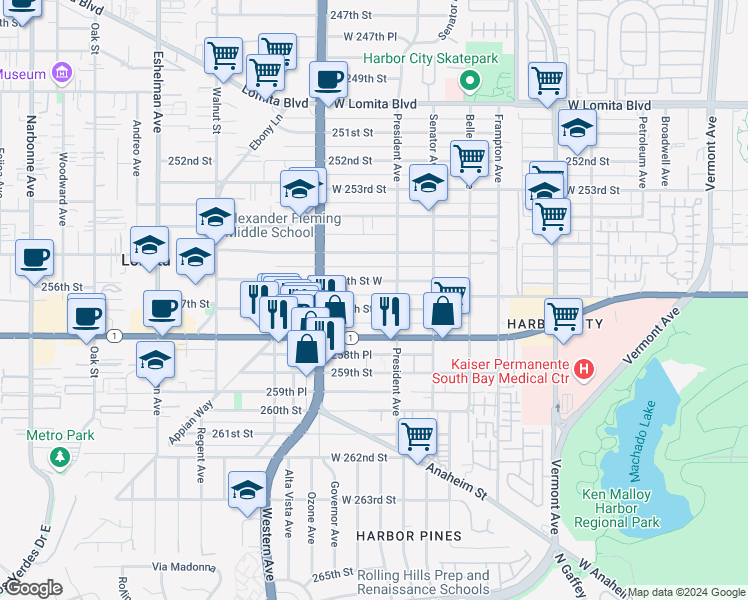 map of restaurants, bars, coffee shops, grocery stores, and more near 1617 257th Street in Los Angeles