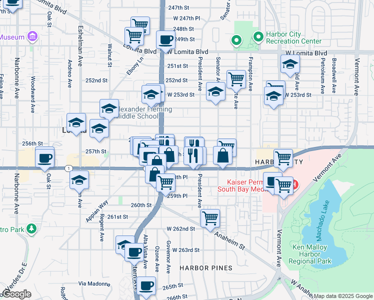 map of restaurants, bars, coffee shops, grocery stores, and more near 1617 257th Street in Los Angeles
