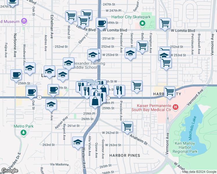 map of restaurants, bars, coffee shops, grocery stores, and more near 1664 257th Street in Los Angeles