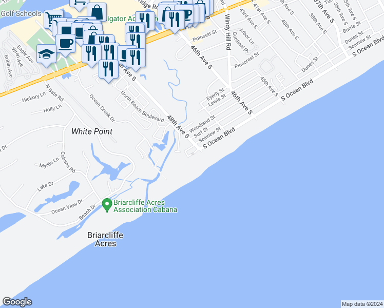 map of restaurants, bars, coffee shops, grocery stores, and more near 8500 South Ocean Boulevard in North Myrtle Beach