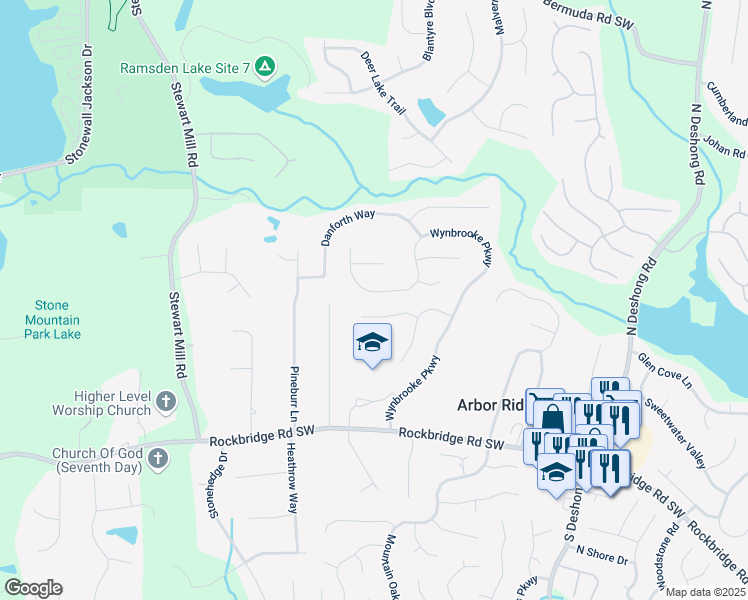 map of restaurants, bars, coffee shops, grocery stores, and more near 787 Wynbrooke Parkway in Stone Mountain
