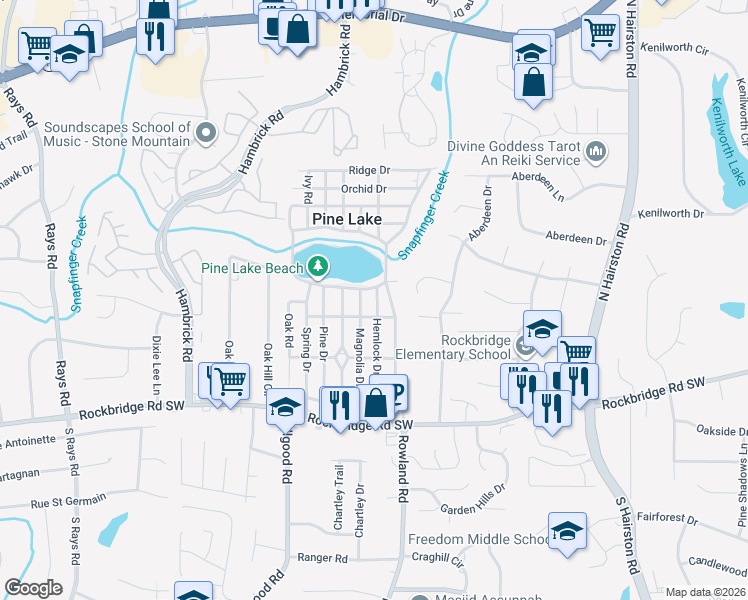 map of restaurants, bars, coffee shops, grocery stores, and more near 514 Magnolia Drive in Pine Lake