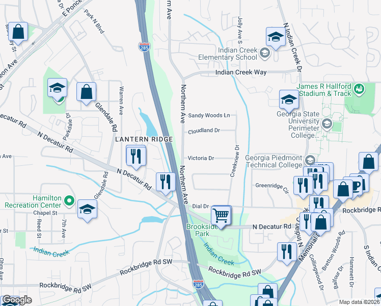 map of restaurants, bars, coffee shops, grocery stores, and more near 3604 Victoria Drive in Stone Mountain