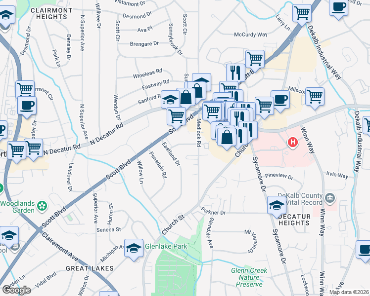 map of restaurants, bars, coffee shops, grocery stores, and more near 2400 Charleston Oaks Lane in Decatur