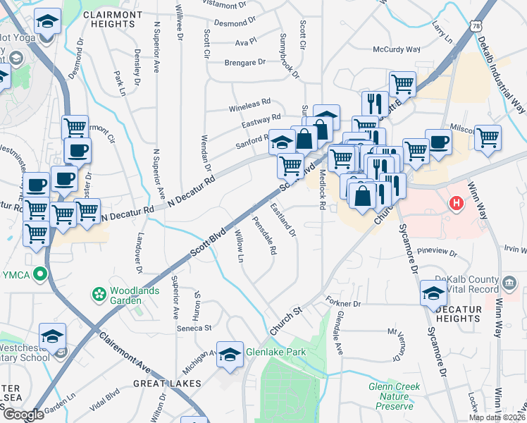 map of restaurants, bars, coffee shops, grocery stores, and more near 1377 Scott Boulevard in Decatur