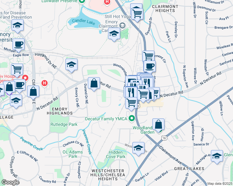 map of restaurants, bars, coffee shops, grocery stores, and more near 2015 North Decatur Road in Atlanta