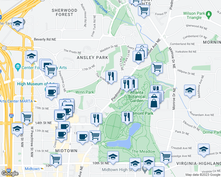 map of restaurants, bars, coffee shops, grocery stores, and more near 37 South Prado Northeast in Atlanta