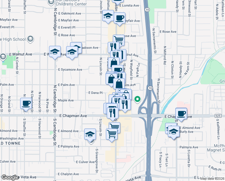 map of restaurants, bars, coffee shops, grocery stores, and more near 260 North Tustin Street in Orange