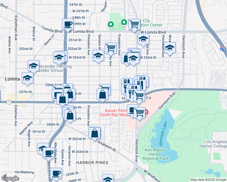 map of restaurants, bars, coffee shops, grocery stores, and more near 25706 Belle Porte Avenue in Los Angeles