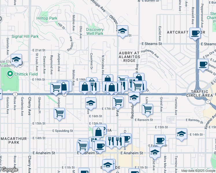 map of restaurants, bars, coffee shops, grocery stores, and more near 1838 Orizaba Avenue in Signal Hill