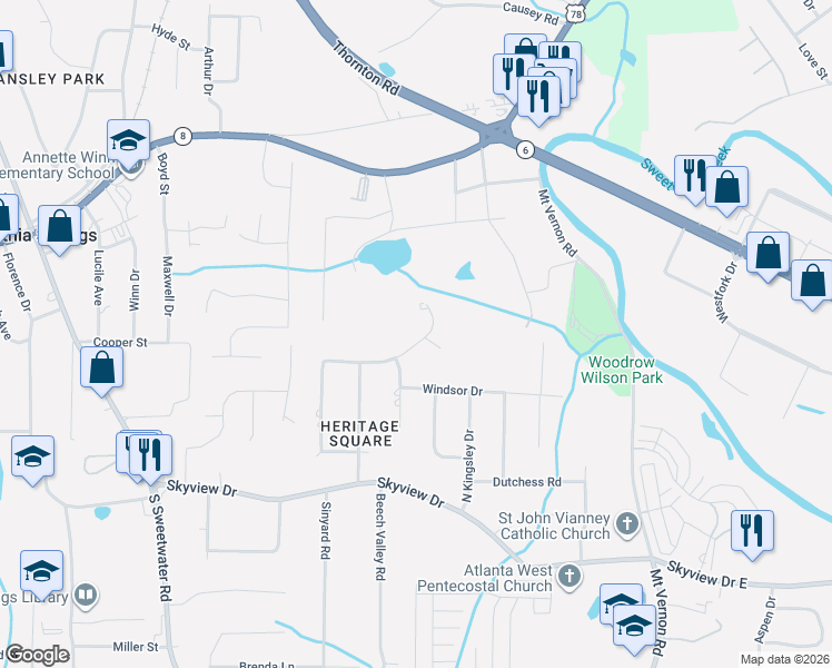 map of restaurants, bars, coffee shops, grocery stores, and more near 2188 Charleston Place in Lithia Springs