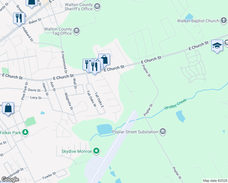 map of restaurants, bars, coffee shops, grocery stores, and more near 505 Baron Drive in Monroe
