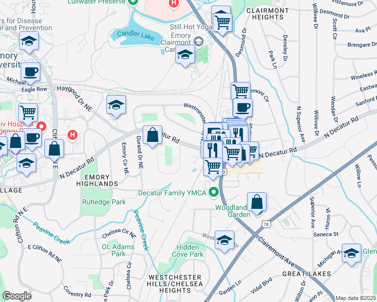 map of restaurants, bars, coffee shops, grocery stores, and more near 2015 North Decatur Road in Atlanta