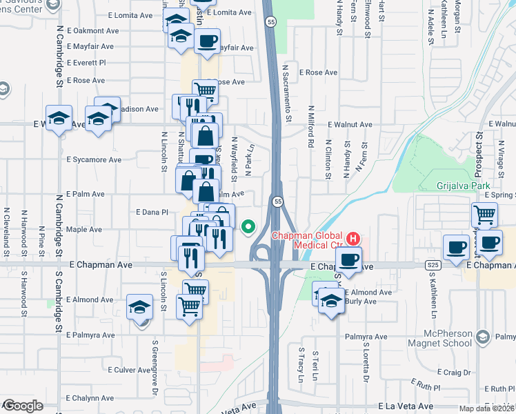 map of restaurants, bars, coffee shops, grocery stores, and more near 527 North Park Lane in Orange